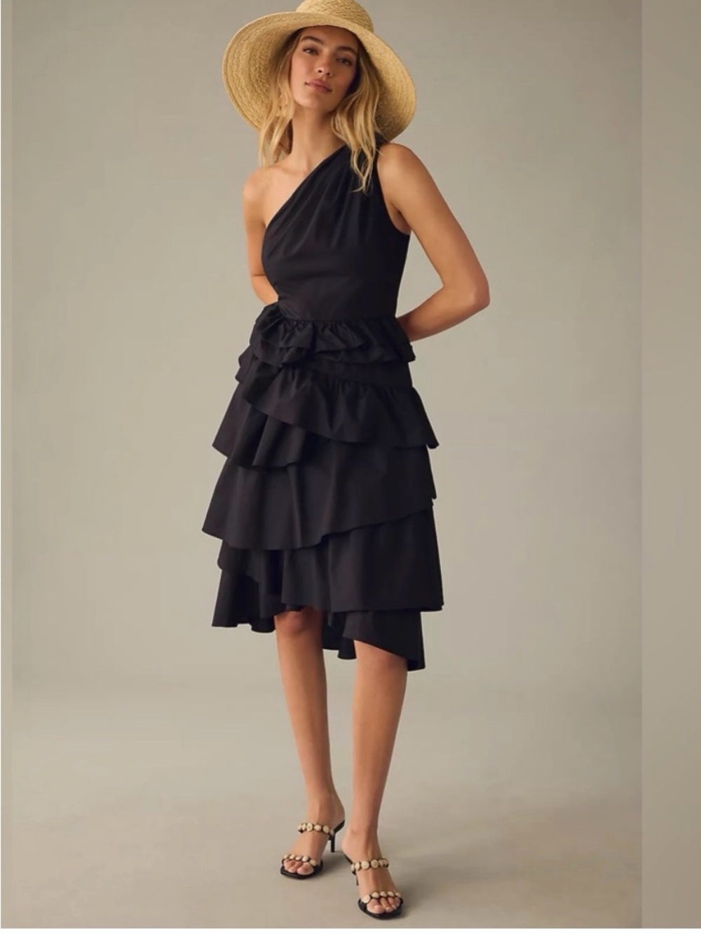 Anthropologie One-Shoulder Black Tiered Ruffle Dress